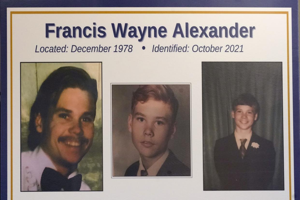 This image displayed at a news conference by the Cook County Sheriff's Office on Monday, Oct. 25, 2021, shows three photos of Francis Wayne Alexander, a North Carolina native who has been identified as one of the victims of John Wayne Gacy.