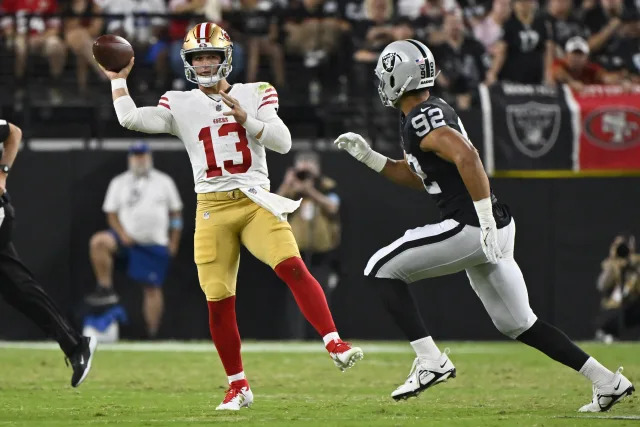 San Francisco 49ers quarterback Brock Purdy (13) throws against the Las Vegas Raiders during the first half of an NFL preseason football game, Friday, Aug. 23, 2024, in Las Vegas. (AP Photo/David Becker)