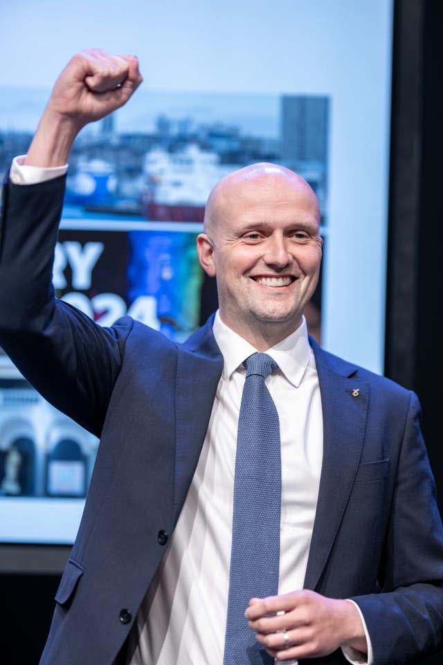 The SNP’s Westminster leader Stephen Flynn celebrates after being declared the winner of the Aberdeen South constituency