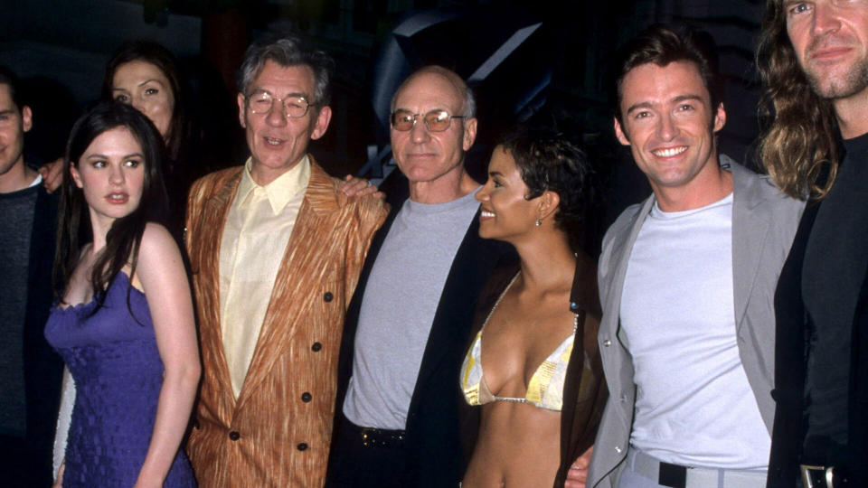 Anna Paquin, Famke Janssen, Ian McKellen, Patrick Stewart, Halle Berry, and Hugh Jackman at the <i>X-Men</i> premiere, 2000. (Photo by Ke.Mazur/WireImage)