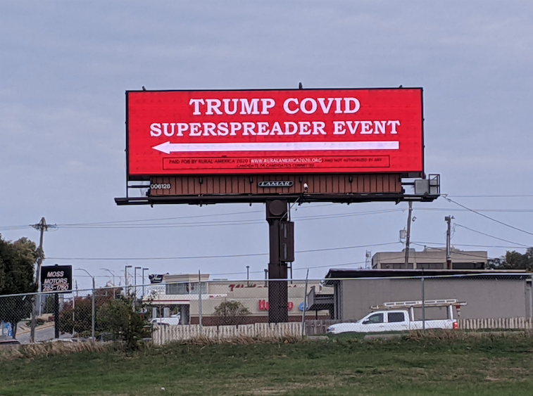 The campaign group Rural America 2020 installed the billboard opposite Des Moines airport, ahead of Trump’s rally on Wednesday (Rural America 2020)