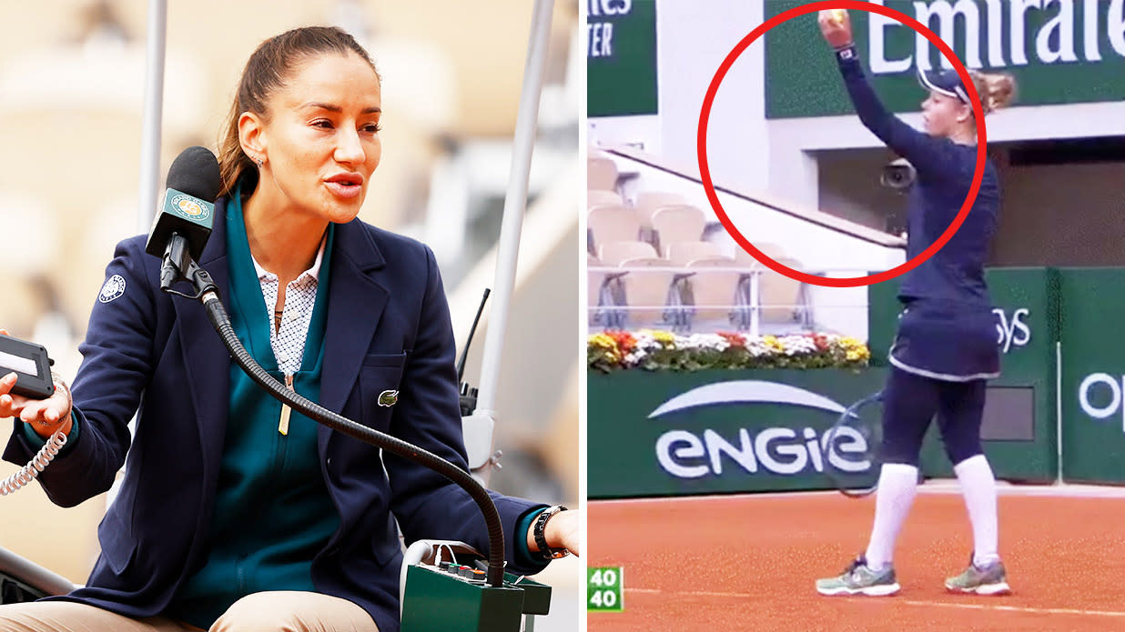 Chair Umpire Marijana Veljovic (pictured left) arguing after she called a time violation as Laura Siegemund (pictured right) was about to serve.