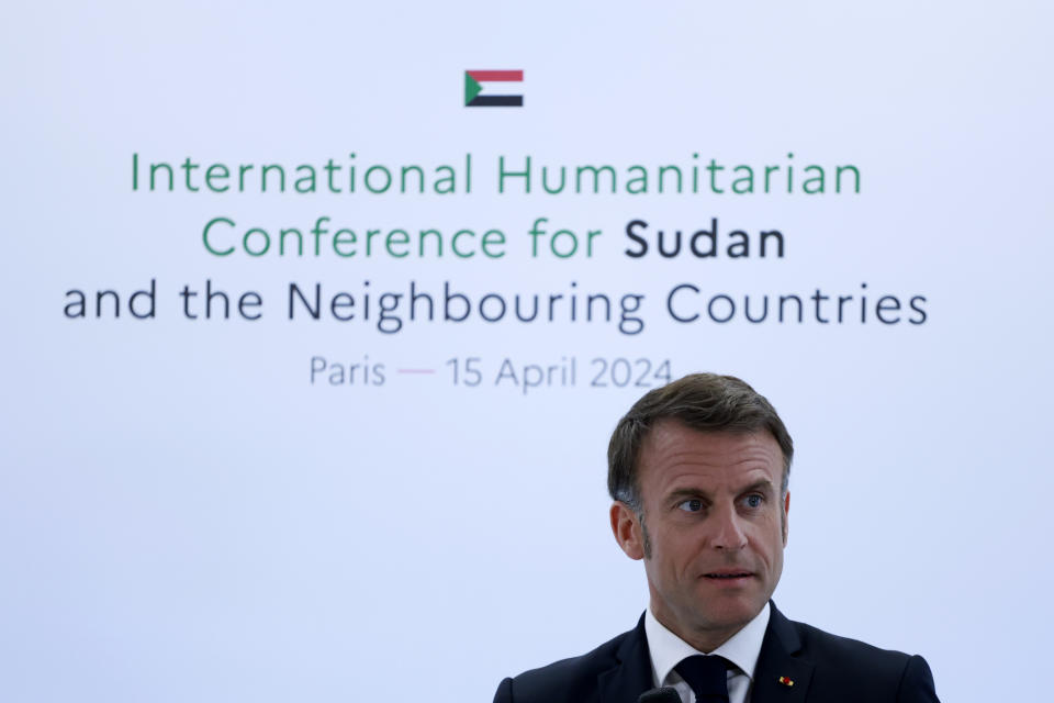 French President Emmanuel Macron attends a session at the international conference on Sudan, Monday, April 15, 2024 in Paris. Top diplomats and aid groups met in the French capital to drum up humanitarian support for Sudan after a yearlong war has devastated the northeastern African country and pushed its people to the brink of famine. (AP Photo/Aurelien Morissard; Pool)