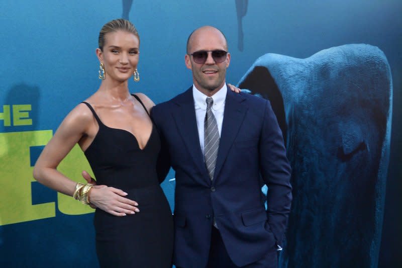 Jason Statham, seen with Rosie Huntington-Whiteley, returns in "Expend4bles." File Photo by Jim Ruymen/UPI