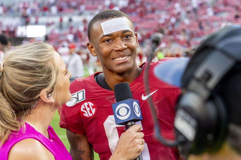 FILE - Alabama's DeVonta Smith speaks with the media after an NCAA college football game against Mississippi in Tuscaloosa, Ala., in this Saturday, Sept. 28, 2019, file photo. DeVonta Smith is expected to be a first round pick in the NFL Draft, April 29-May 1, 2021, in Cleveland. (AP Photo/Vasha Hunt, File)