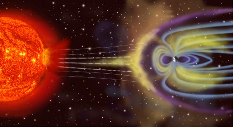 Artist’s depiction of the solar wind colliding with Earth’s magnetosphere. - Illustration: NASA