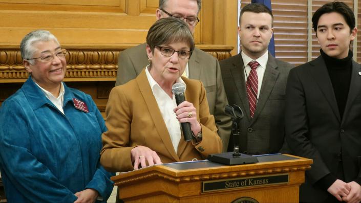 Kansas Gov. Laura Kelly answers questions about her executive order to ban anti-LGBTQ discrimination in state hiring and employment decisions during a news conference at the Statehouse in Topeka, Kan., in January 2019.
