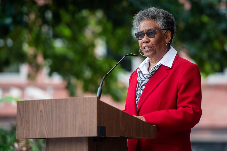 Asheville City Manager Debra Campbell speaks at a 9/11 remembrance ceremony, September 11, 2023.