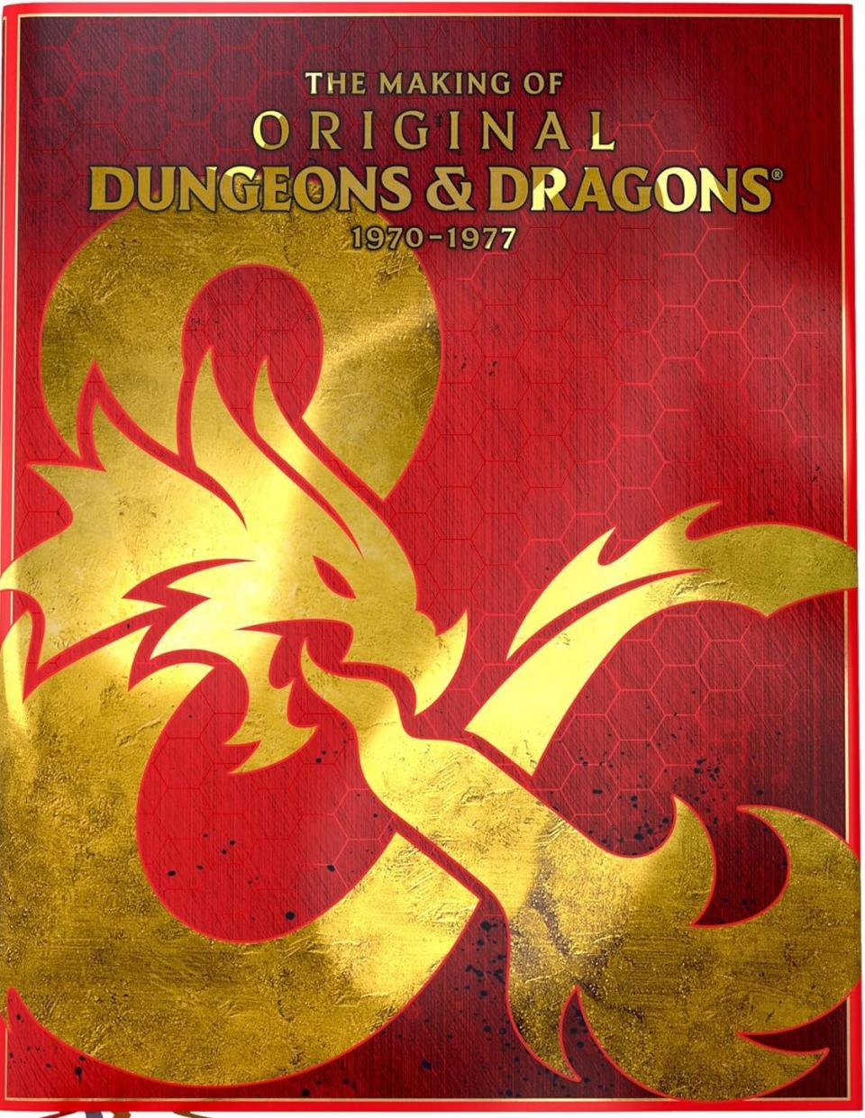 The cover of the book The Making of Original Dungeons & Dragons with the gold logo and text on a red background