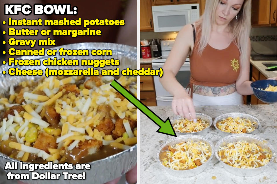 Rebecca's KFC Bowl is being shown. The ingredients include: instant mashed potatoes, butter or margarine, gravy mix, canned or frozen corn, frozen chicken nuggets, and cheddar and mozzarella cheese