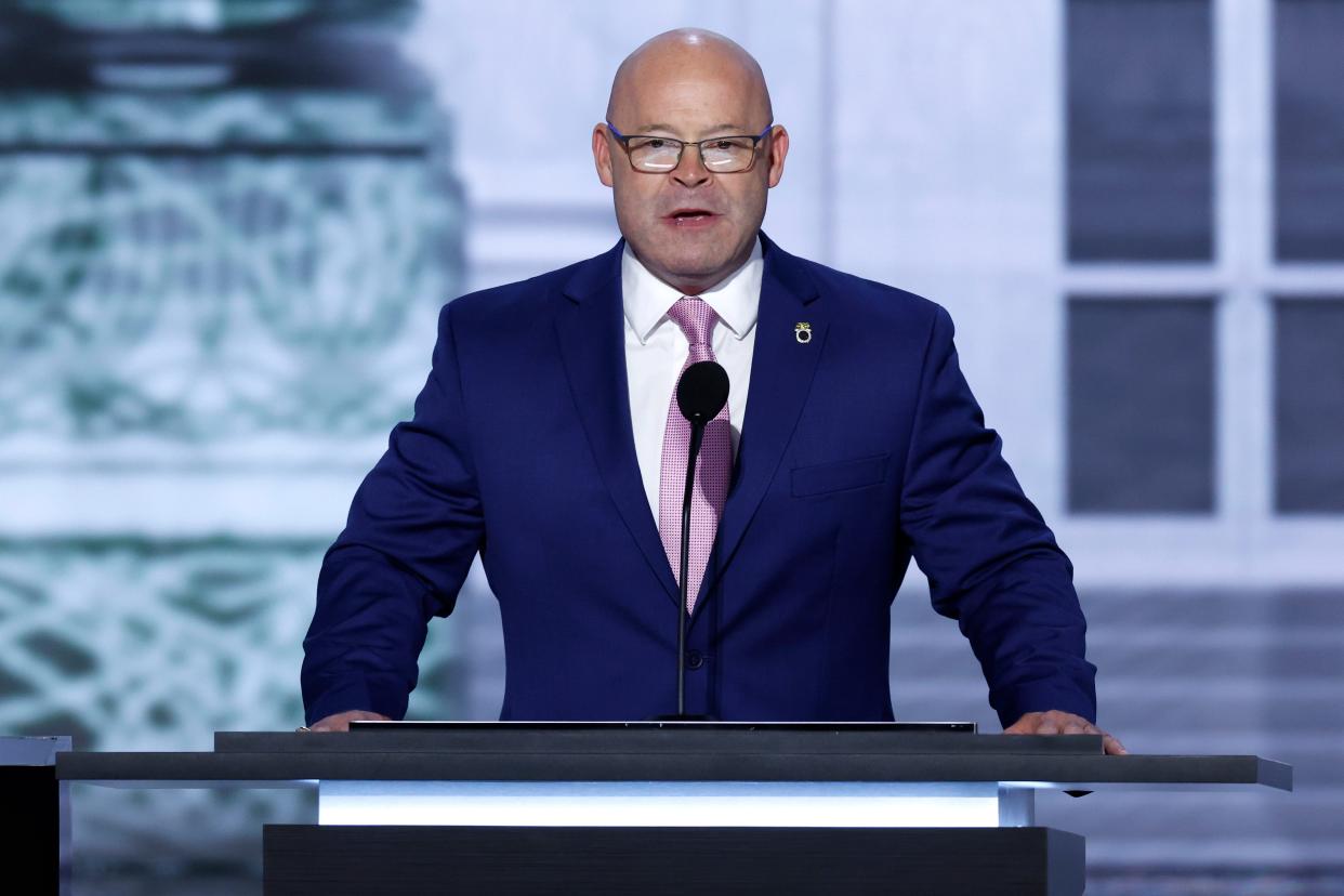 President of the International Brotherhood of Teamsters Sean O’Brien speaks on stage on the first day of the Republican National Convention at the Fiserv Forum on July 15, 2024 in Milwaukee, Wisconsin.