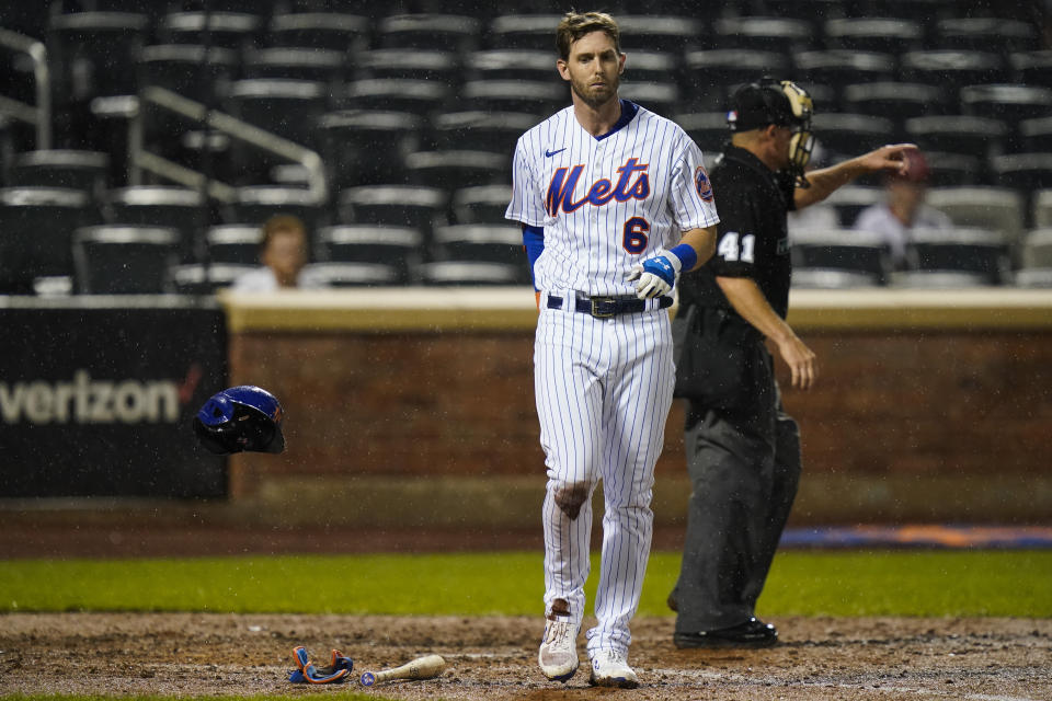 New York Mets' Jeff McNeil (6) reacts after striking out during the eighth inning of a baseball game against the St. Louis Cardinals Monday, Sept. 13, 2021, in New York. The Cardinals won 7-0. (AP Photo/Frank Franklin II)