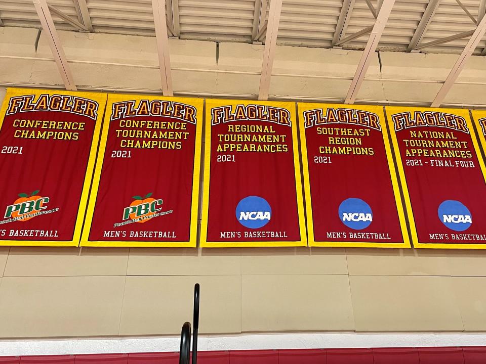 The Flagler College men's basketball team last season added five banners to the rafters at Flagler Gym.