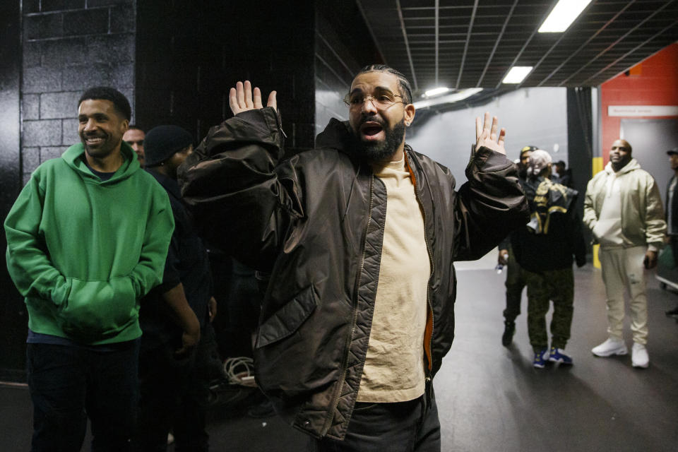 Rapper Drake leaves Game Six of the Eastern Conference First Round between the Toronto Raptors and the Philadelphia 76ers at Scotiabank Arena on April 28, 2022 in Toronto, Canada.