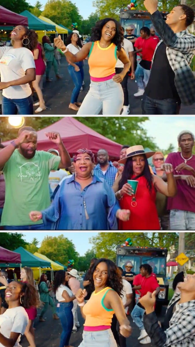 Various shots of people dancing at the block party