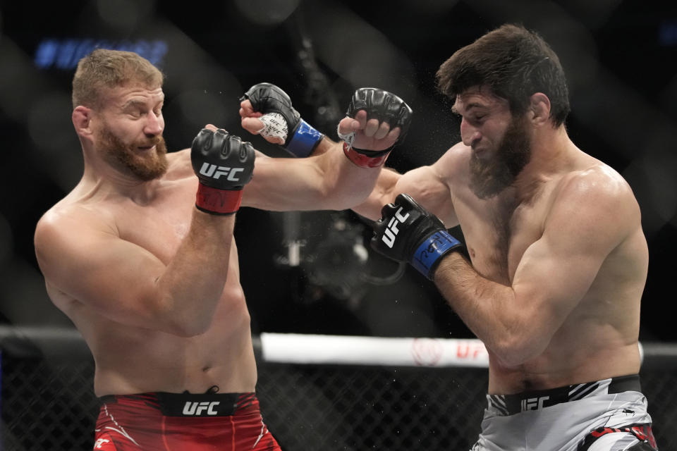 Jan Blachowicz, left, fights Magomed Ankalaev during a UFC 282 mixed martial arts light heavyweight title bout Saturday, Dec. 10, 2022, in Las Vegas. (AP Photo/John Locher)