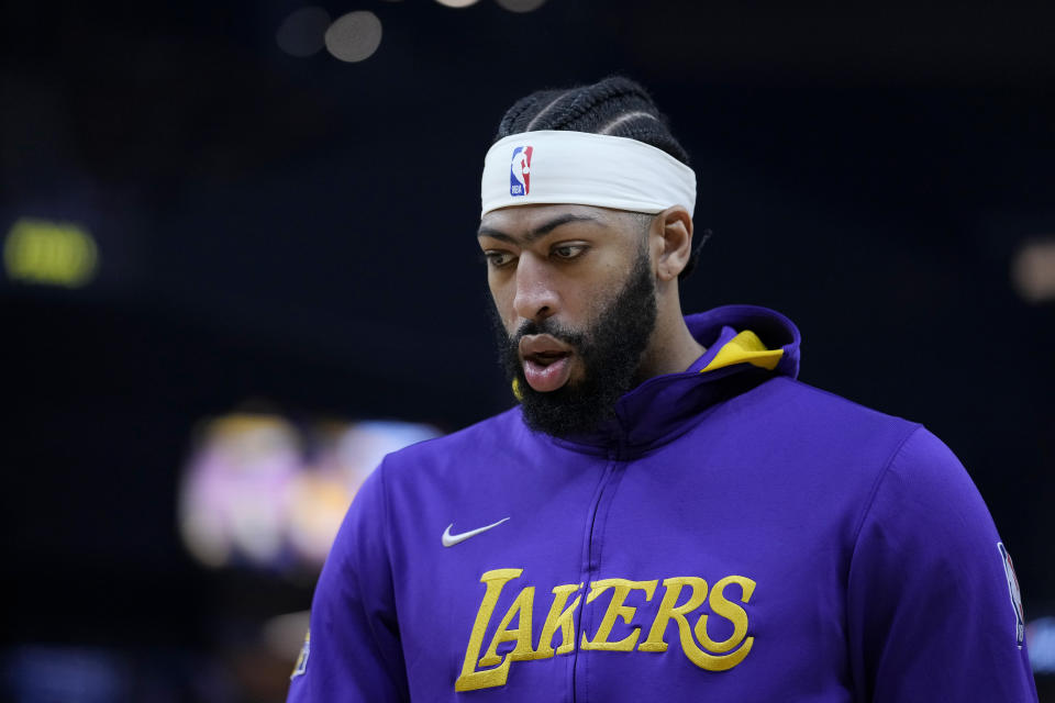 Los Angeles Lakers forward Anthony Davis before Game 5 of an NBA basketball second-round playoff series against the Golden State Warriors Wednesday, May 10, 2023, in San Francisco. (AP Photo/Godofredo A. Vásquez)