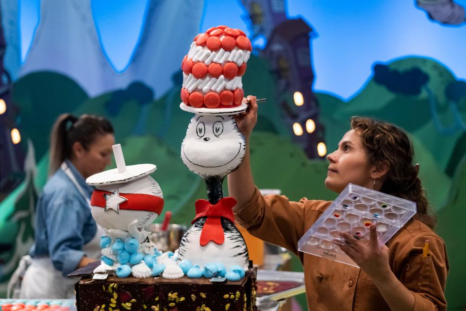 Angel Figueroa, cake artist and teammate of pastry chef/Vermont resident Maya Hayes, competes on the "Dr. Seuss Baking Challenge" on Prime Video.