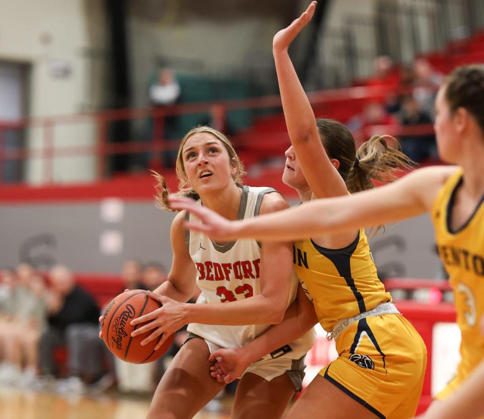 Bedford's Victoria Gray looks for a shot during a 74-33 victory over Trenton in the finals of the Division 1 District at Bedford on Friday, March 8, 2024.