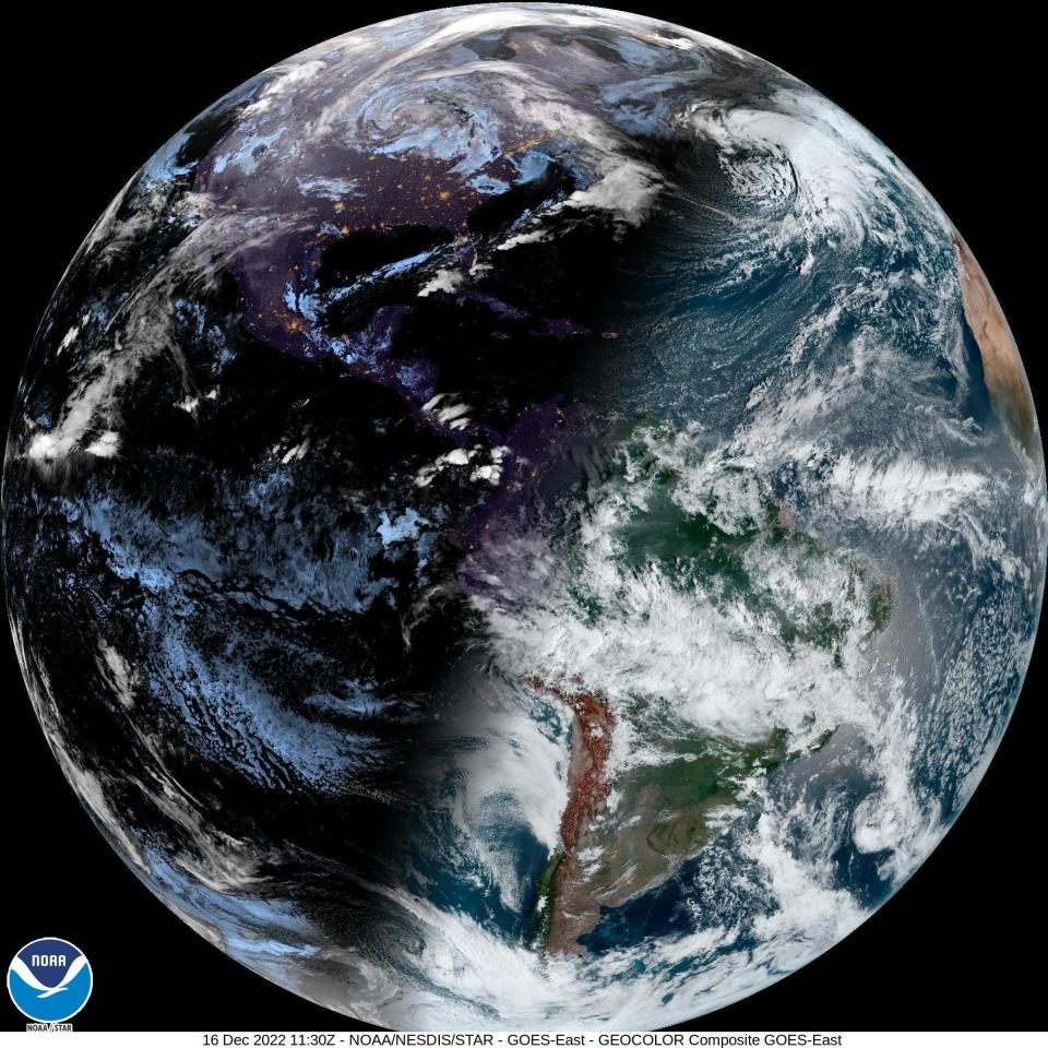 Days before the winter solstice, the angle of the shadow cast by the sun on the Earth shows how much more sunlight is cast on the southern hemisphere this time of year. North America is in the upper left corner.