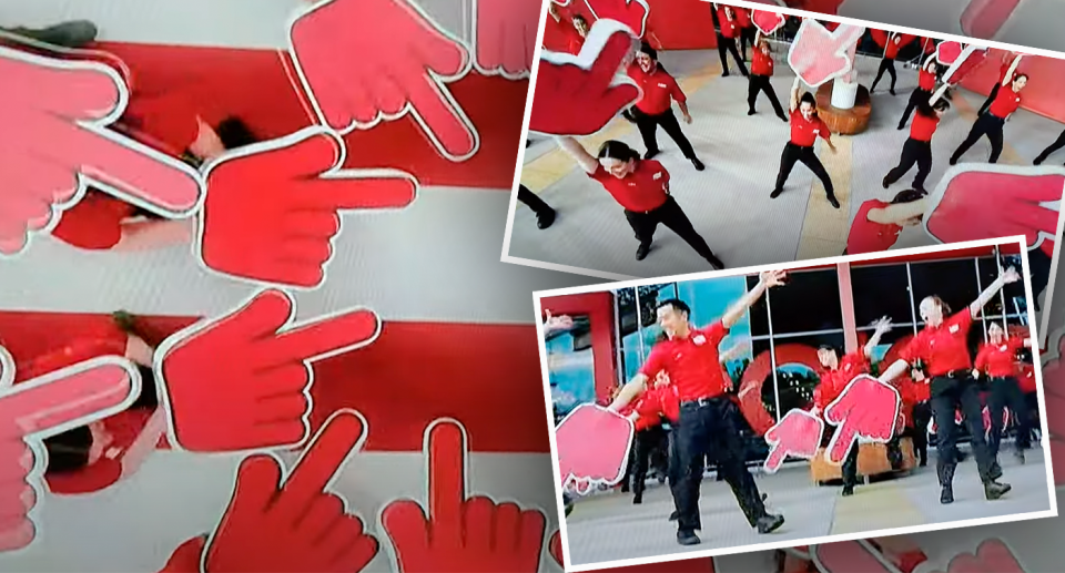 A Coles ad is seen depicting staff wearing large red hands. 