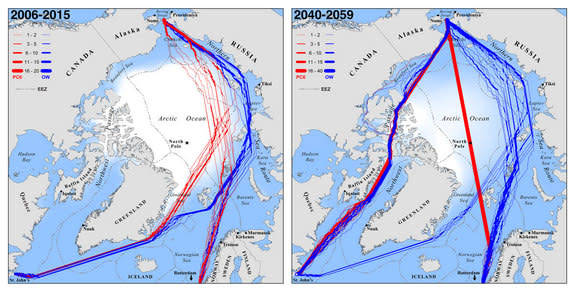 Less sea ice in the Arctic means more shipping routes. A new study predicts optimal September navigation routes for ice-strengthened (red) and common open-water (blue) ships traveling between Rotterdam, The Netherlands and St. John's, Newfoundl