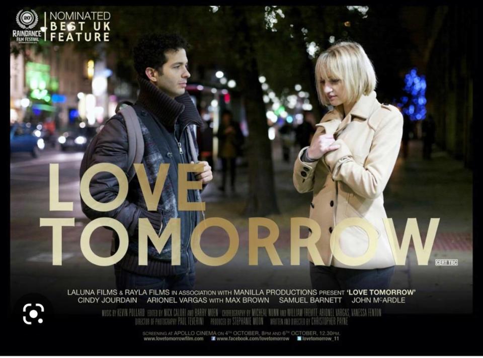 Póster promocional de la película inglesa “Love Tomorrow”, que Arionel Vargas protagonizó en 2012. Archivo personal de Arionel Vargas