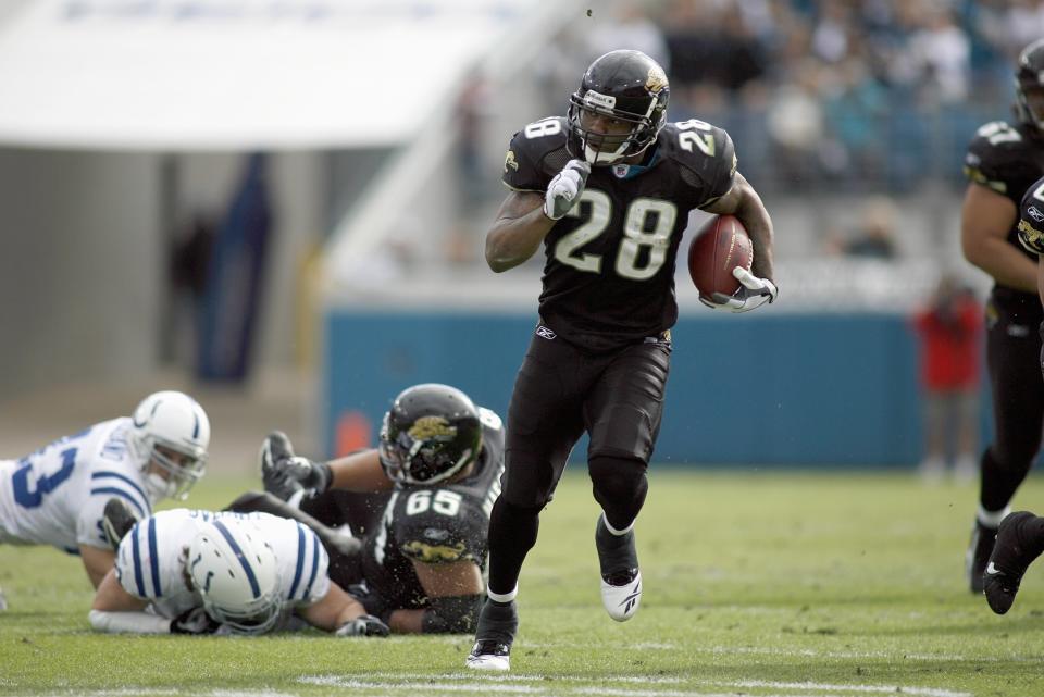 JACKSONVILLE, FL - DECEMBER 10: Fred Taylor #28 of the Jacksonville Jaguars carries the ball during a game against the Indianapolis Colts on December 10, 2006 at Alltel Stadium in Jacksonville, Florida. The Jaguars defeated the Colts 44-17. (Photo by Marc Serota/Getty Images)