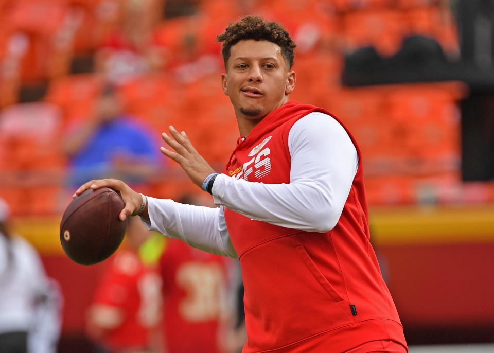 KANSAS CITY, MO - AUGUST 24: Quarterback Patrick Mahomes #15 of the Kansas City Chiefs throws a pass during pre-game warm ups, prior to a preseason game against the San Francisco 49ers at Arrowhead Stadium on August 24, 2019 in Kansas City, Missouri. (Photo by Peter Aiken/Getty Images)