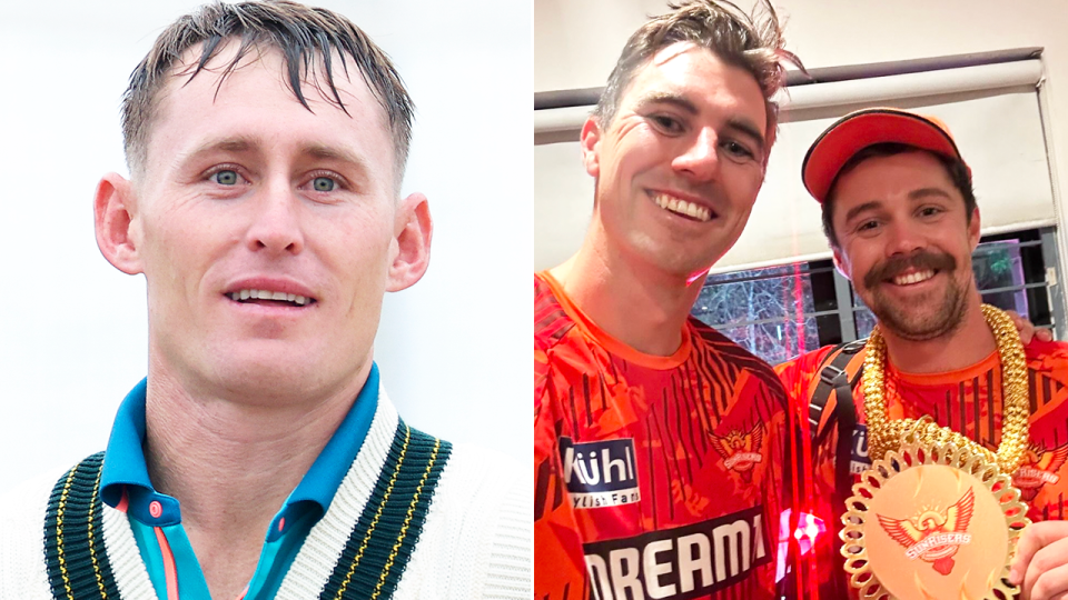 Aussie captain Pat Cummins (pictured) has taken a cheeky swipe at his national teammate Marnus Labuschagne (pictured left) after Travis Head's sensational IPL innings. (Images: Getty Images/Instagram))