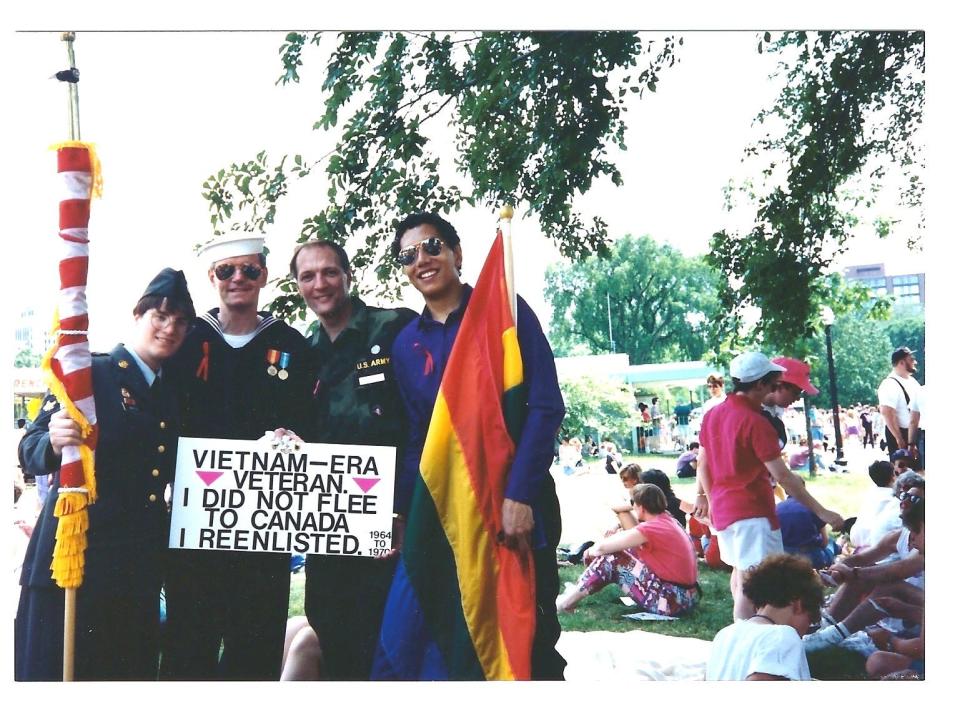 Cliff Arnesen, second from right, stands alongside fellow New England Gay, Lesbian & Bisexual Veterans, Inc. at a Boston Pride Parade on June 13, 1992.