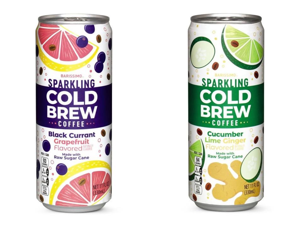 Aldi photos of sparkling cold brews in purple and white and green and white cans against white background