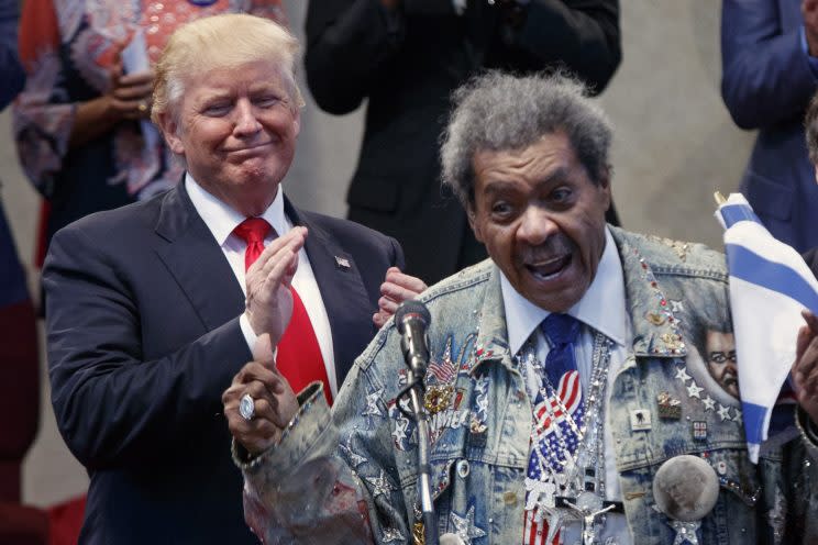 Boxing promoter Don King introduces Donald Trump at the New Spirit Revival Center in Cleveland.