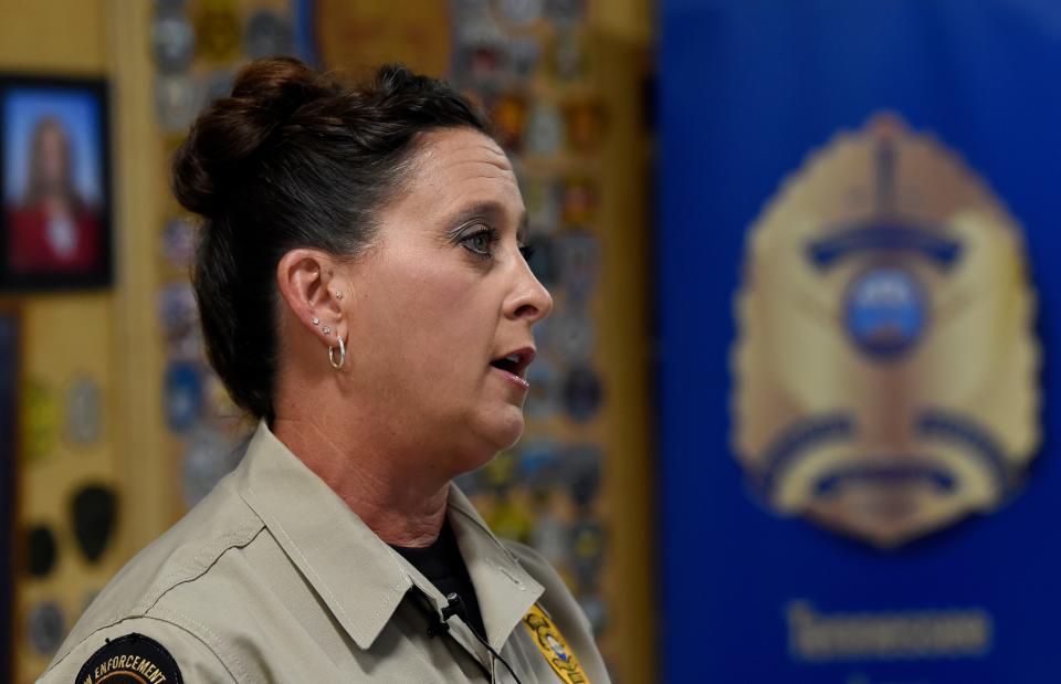 School Resource Officer training instructor Dee Reynolds talks at the Tennessee Law Enforcement Training Academy Thursday, June 27, 2024, in Nashville, Tenn. An additional 40 hours of training is required for any police officer to work in a school.