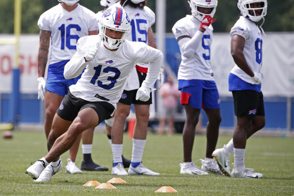 Buffalo Bills wide receiver Gabriel Davis (13) runs a drill during the NFL football team's mandatory minicamp in Orchard Park, N.Y., Wednesday, June 15, 2022. (AP Photo/Jeffrey T. Barnes)