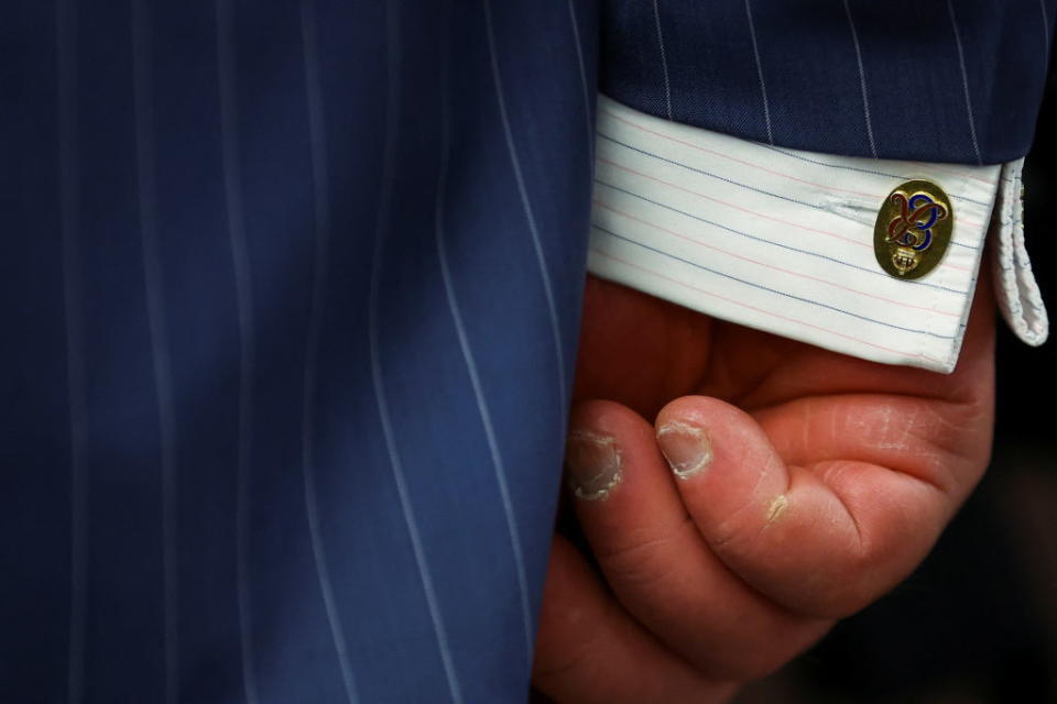A close-up view of the hand of Prince Charles, Prince of Wales during a visit to BBC Broadcasting House in April 2022. (Getty Images)