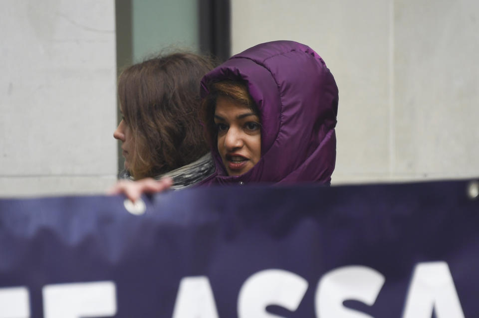 Singer M.I.A joins demonstrators outside Westminster Magistrates Court in support of WikiLeaks founder Julian Assange, who is due to appear for an administrative hearing, in London, Monday, Jan. 13, 2020. Assange remains in custody at London’s Belmarsh Prison while he fights extradition (AP Photo/Alberto Pezzali)