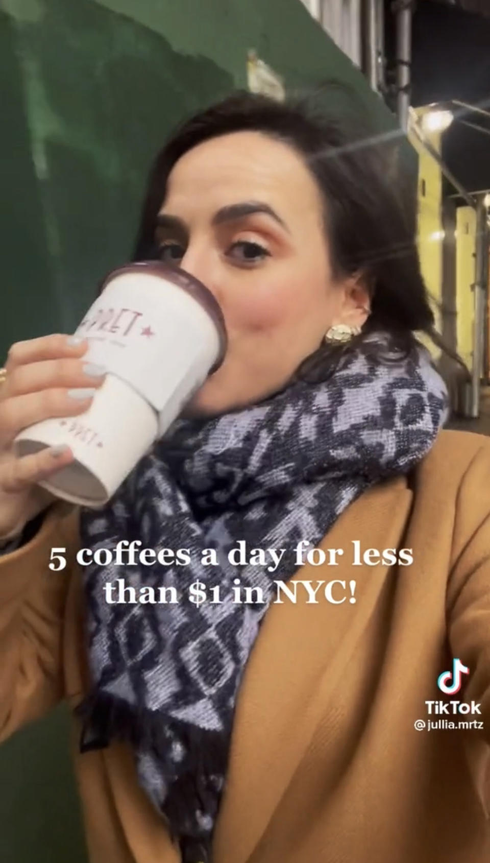 Woman drinking coffee with the text "Getting 5 coffees a day for less than $1 in NYC!"