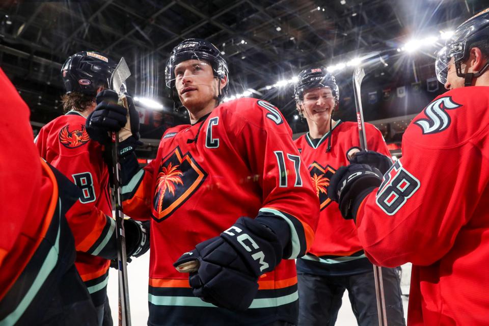 Coachella Valley Firebirds forward Max McCormick (17) and teammates leave the ice after defeating the Henderson Silver Knights 6-1 at Acrisure Arena in Palm Desert, Calif., on Sunday, Feb. 18, 2024.