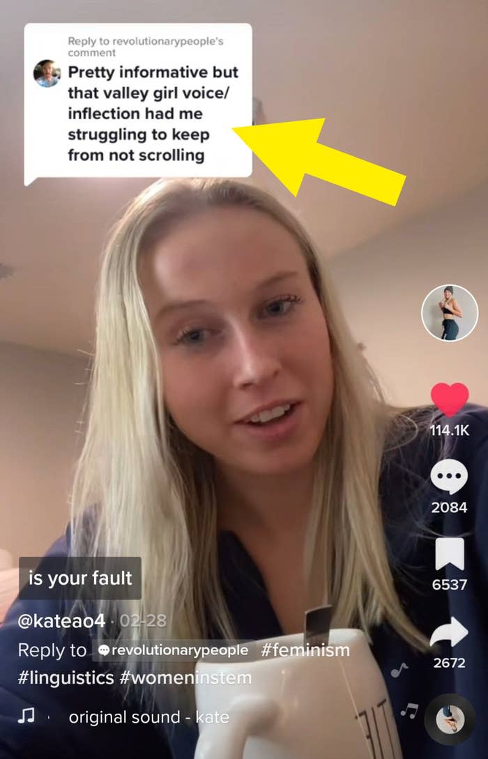 Screenshot of one of Kate's TikToks with the comment, "Pretty informative but that valley girl voice/inflection had me struggling to keep from not scrolling"