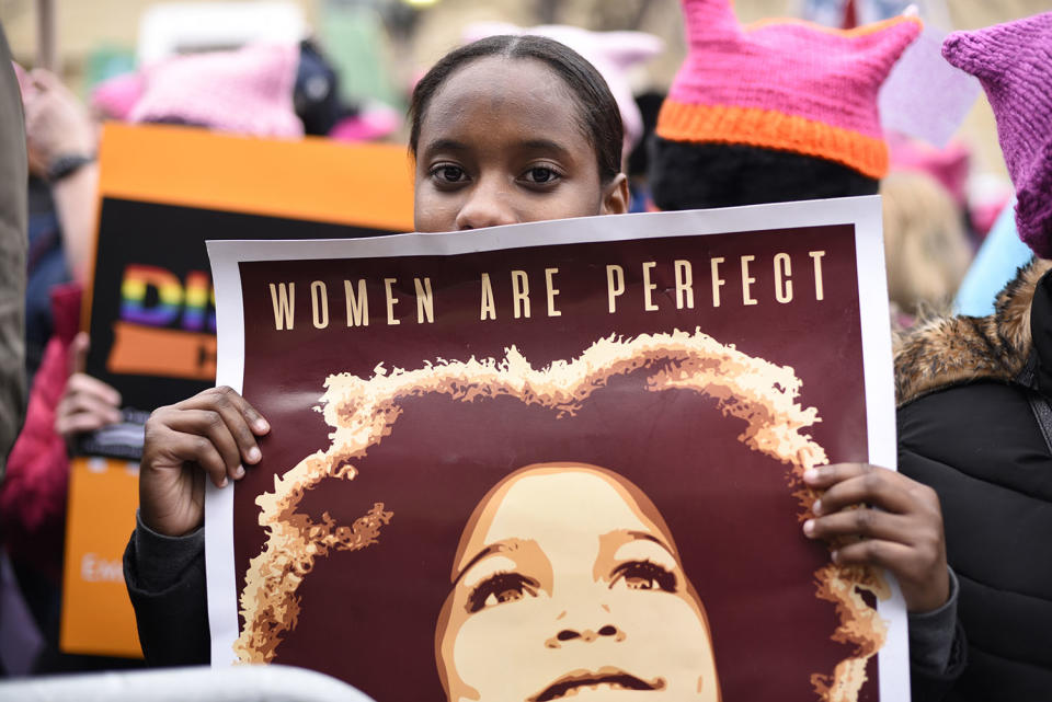 <p>Nadia da Rosa, 15, from Providence, R.I., attends the Women’s March on Washington on Jan. 21, 2017, in Washington, on the first full day of Donald Trump’s presidency. (AP Photo/Sait Serkan Gurbuz) </p>