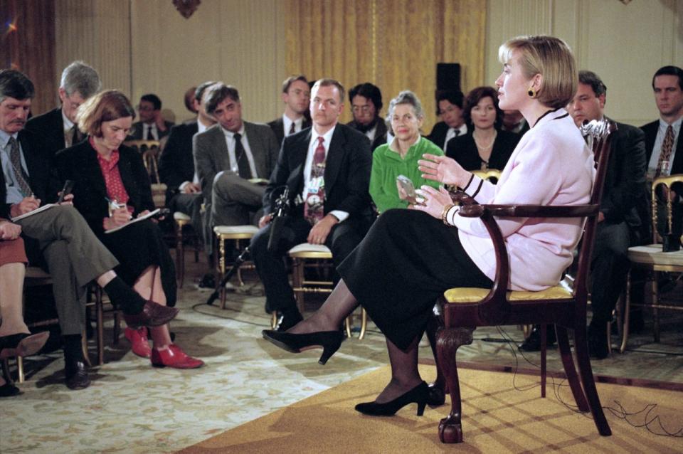 Hillary Clinton at a press conference to discuss Whitewater