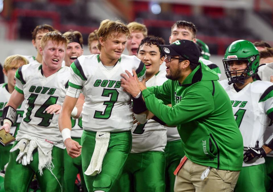 Pierre T.F. Riggs quarterback Lincoln Kienholz is named Most Valuable Player in the 11AA state football championship on Friday, November 13, at the DakotaDome in Vermillion.