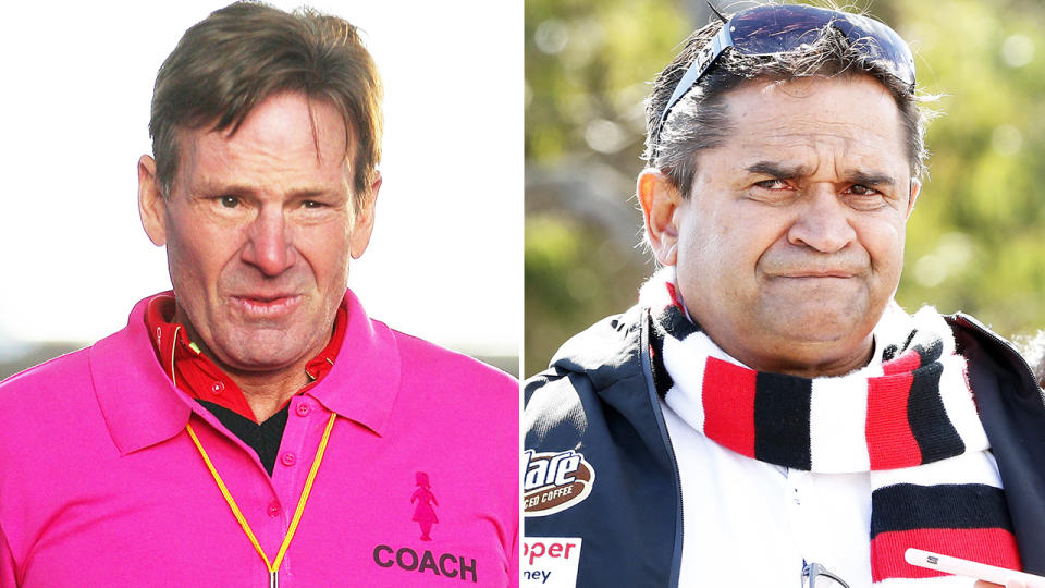 A 50-50 split image shows Sam Newman on the left and Nicky Winmar on the right. 