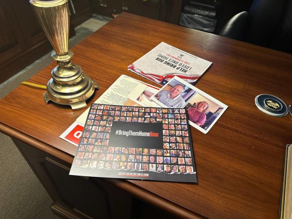 Sen. Ted Budd keeps items on his desk in the U.S. Capitol that remind him of the hostages being held by Hamas, including Keith Siegel, a Chapel Hill native. Danielle Battaglia/Danielle Battaglia