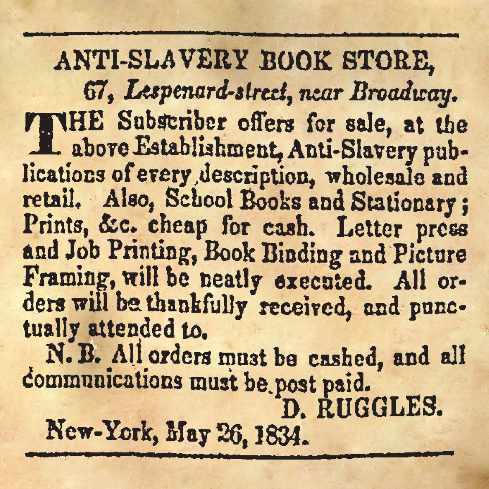 Ruggles’ ad promoting his bookstore as it appeared in The Liberator on October 11, 1834. Ruggles was the first known African-American bookseller in the United States.