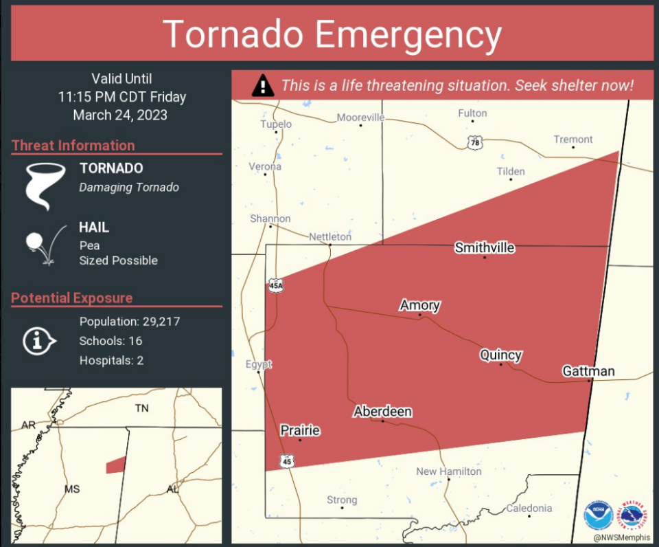 The National Weather Service map showed Amory in the path of a tornado on Friday night.
