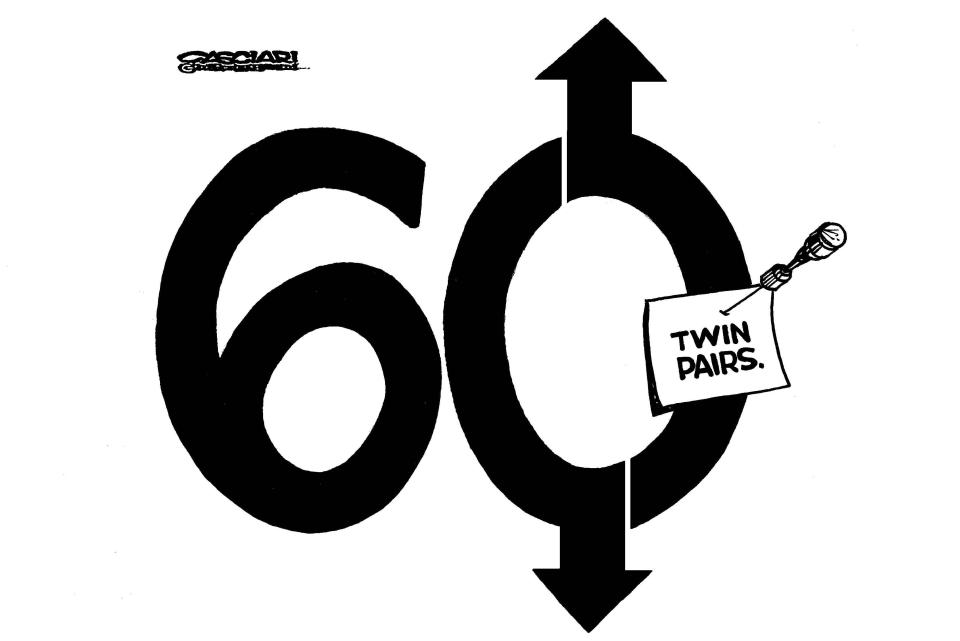 James Casciari cartoon from 2005 regarding proposed Twin Pairs and State Road 60 redesign, which at the time included ideas for traffic circles.