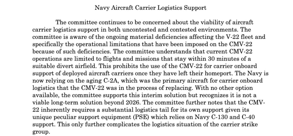 The Navy's CVM-22B Ospreys can only fly within 30 minutes of a divert airfield, severely limiting their ability to resupply aircraft carriers at sea. <em>Seapower and Projection Forces subcommittee</em>