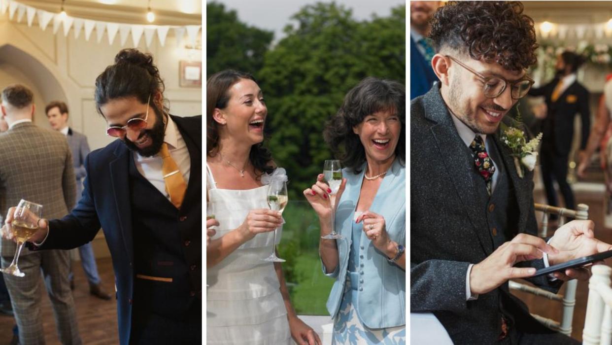 Examples of things not to do at a wedding, including getting drunk, gossiping, and using your cell phone.